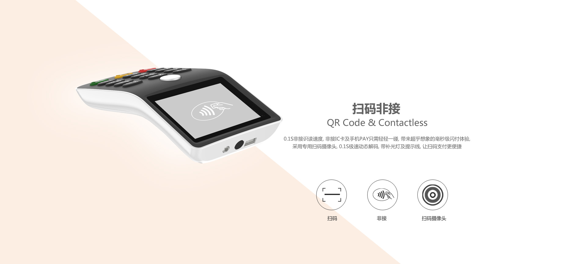 30萬(wàn)像素掃碼攝像頭，帶提示線和閃關(guān)燈，支持1D/2D極速掃碼支付體驗(yàn)